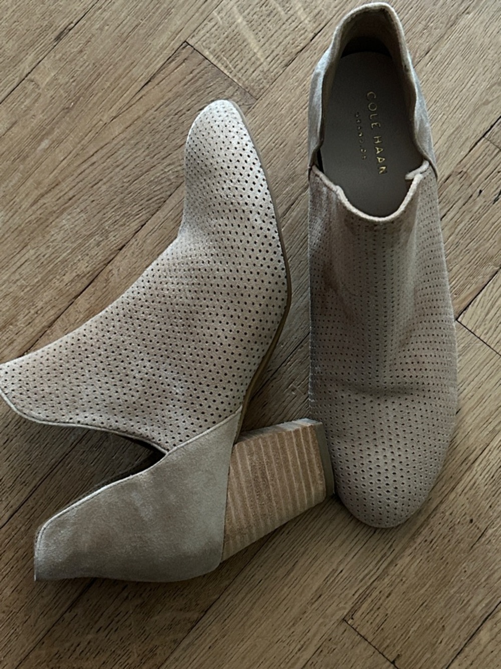Cole Haan Ferd Perforated Suede Ankle Booties in Taupe 7.5